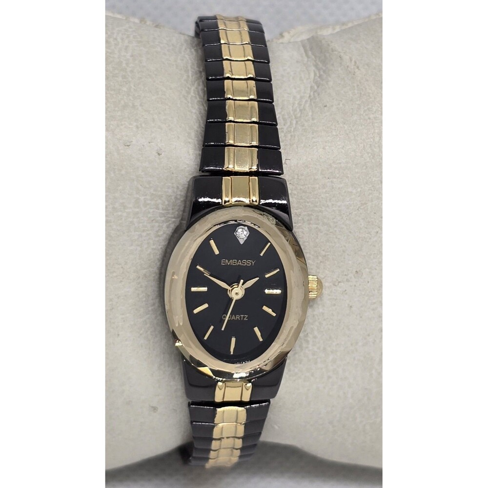 Woman's Embassy Elegant Petite Oval Black Gold Two Tone Expansion Watch 10 - Picture 3 of 8